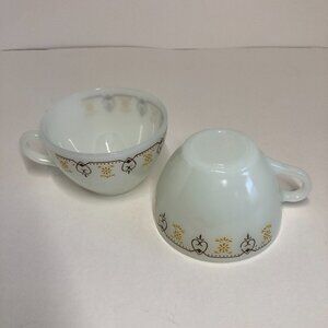 Vintage Termocrisa Milk Glass Mug Pair Brown Yellow Floral Pattern